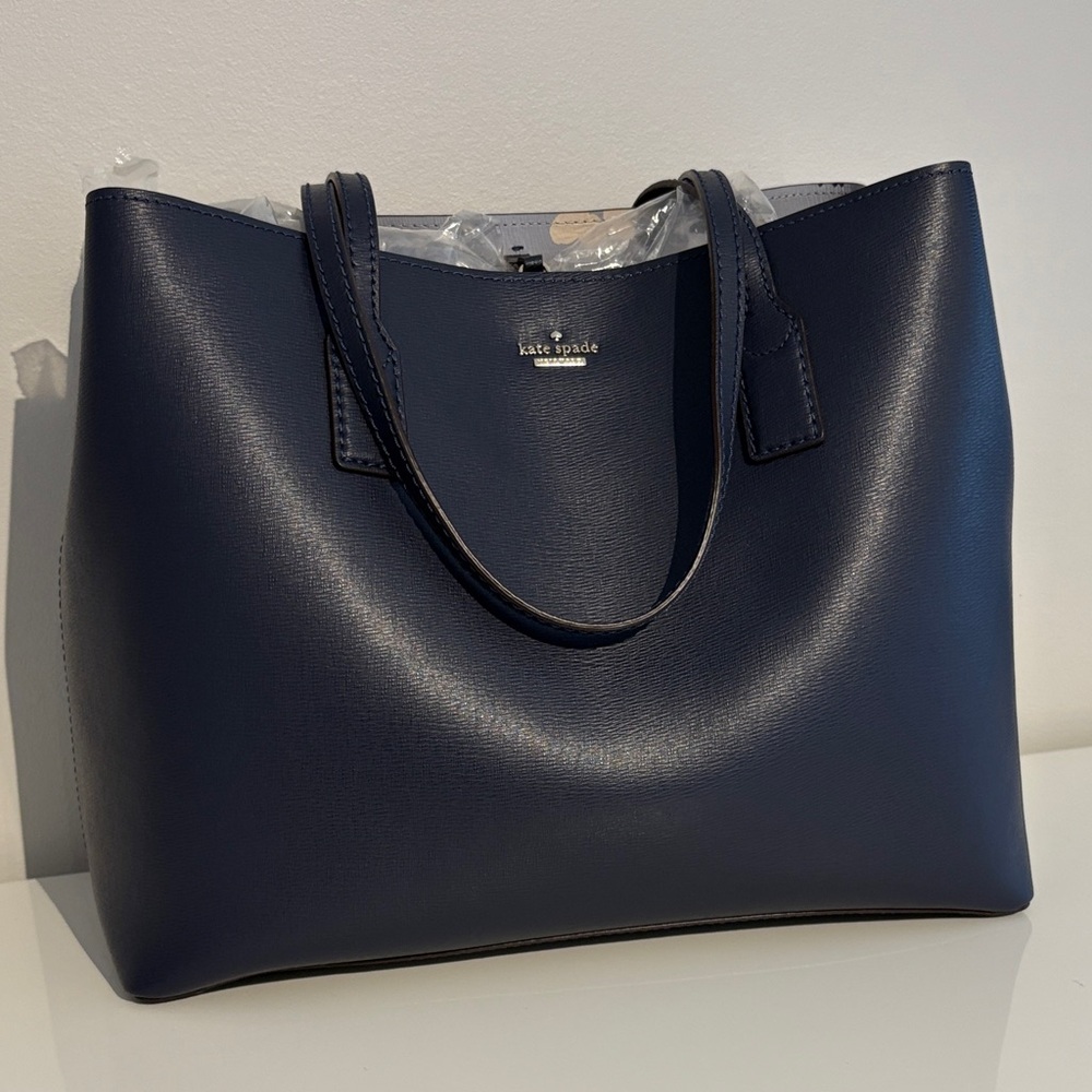 Kate Spade Dark Blue & Vibrant Floral Leather Tote Bag Like New 💯% Authentic